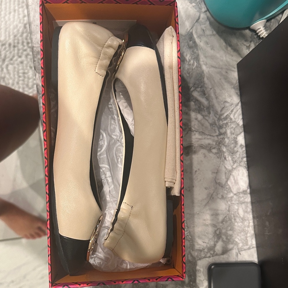 Tory Burch Claire Cap Toe Cream and Black Leather Ballet Flats